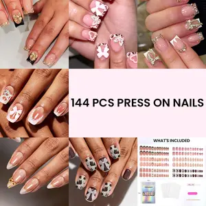 6 Packs (144 Pcs) | Reusable Press on Nails | Stick on Nails 12 Sizes-6 Styles | Cute Bow Nails