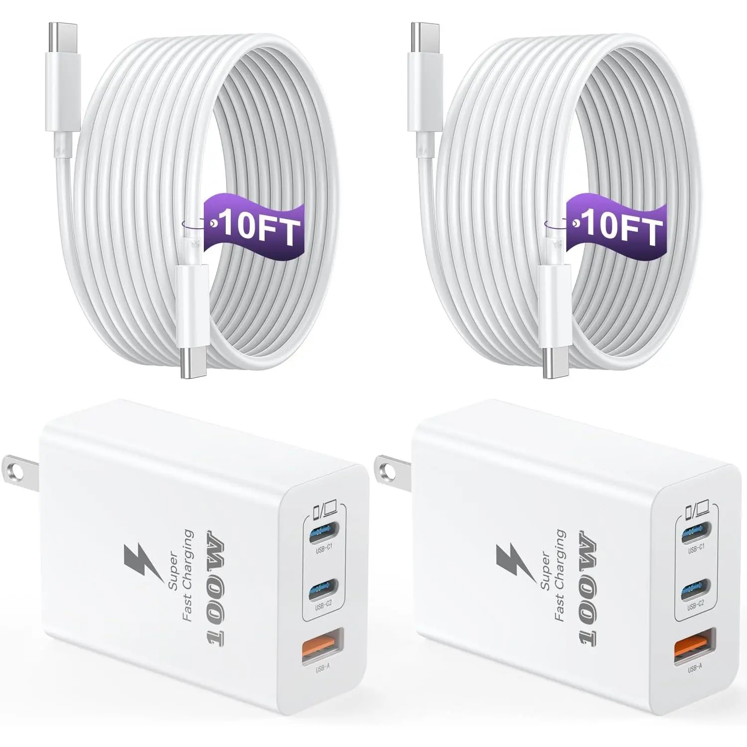 USB C Charger Block 100W, 3-Port GaN Super Fast Charger, Type C Wall Charger Adapter with 10ft USB C Charging Cable for MacBook Pro/Air,iPad Pro, iPhone 16/15Pro, S25/S24/S23 and More[2 Pack]