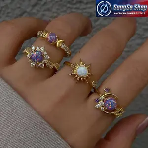 Women’s Sun and Moon Stackable Ring Set, Geometric Crystal Gemstone Minimalist Jewelry, Light Luxury Fashion Rings for Women, Adjustable Trendy Costume Jewelry for Daily Wear, Party Outfit and Holiday Gift Accessory