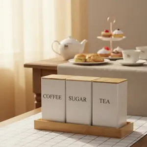 3-Piece Minimalist Kitchen Food Canisters, Black White Metal Design for Coffee Tea Sugar Storage