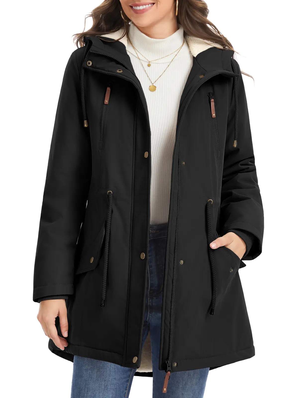UMIPUBO Women Sherpa Lined Hooded Parka Jacket, Waterproof Windproof Mid-Length Winter Coat, Adjustable Waist Multi-Pocket Outerwear for Cold Weather