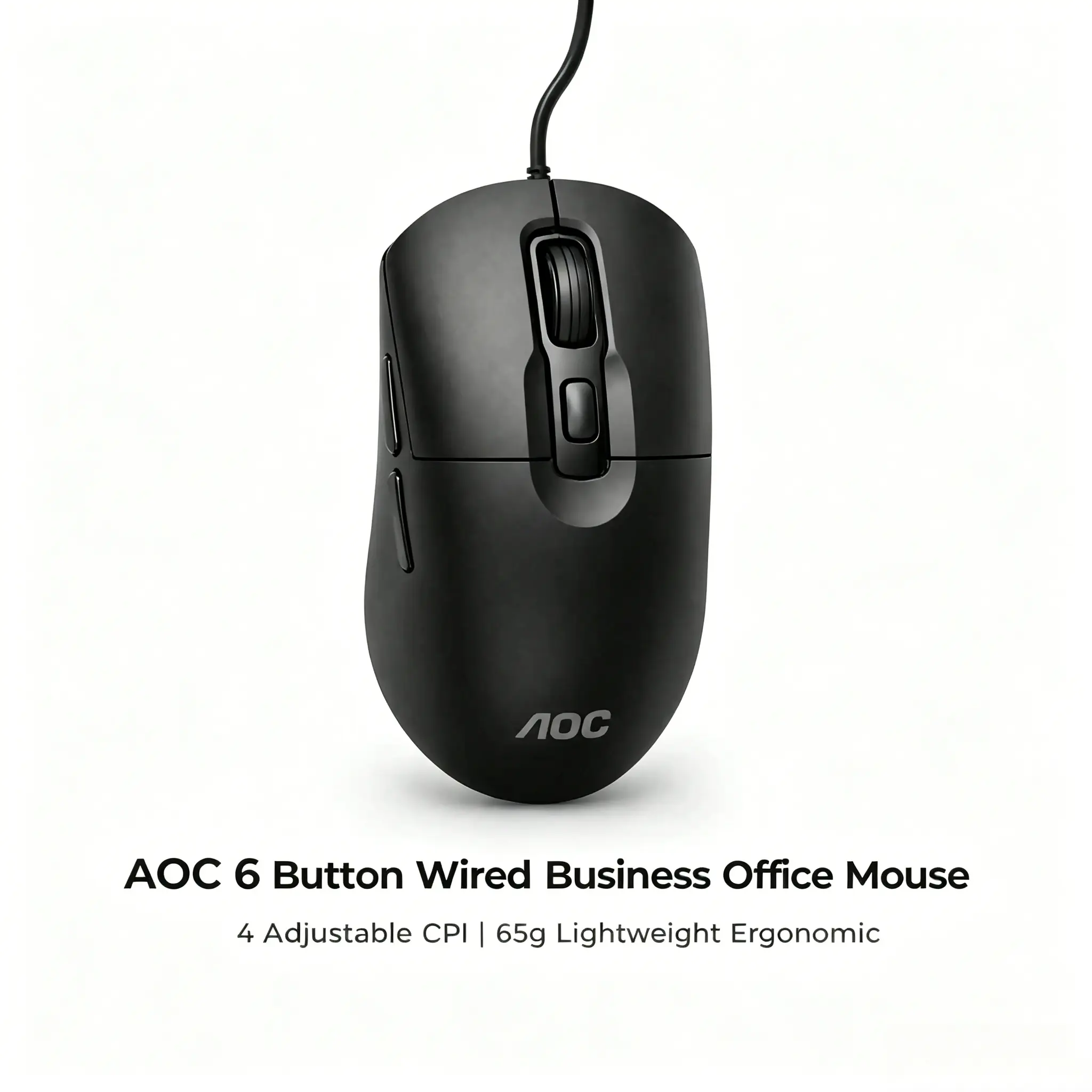 AOC USB Wired Computer Gaming Mouse - 6-Button, Classic Black Minimalist Design, High Wear-Resistant, Adjustable 1200/1800/2400/3600 DPI, 3M Stable Main Button Clicks, 1.6m Cable, Ease of Use, PC Compatible for Work & Casual Game Lovers