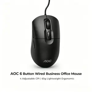 1 PCS AOC High Wear-Resistant 6-Button USB Wired Mouse, Classic Black Minimalist Look, Adjustable 1200/1800/2400/3600 DPI, 3 Million Stable Clicks For Main Buttons, 1.6m Free-Movement Cable, Learners And Casual Game Lovers