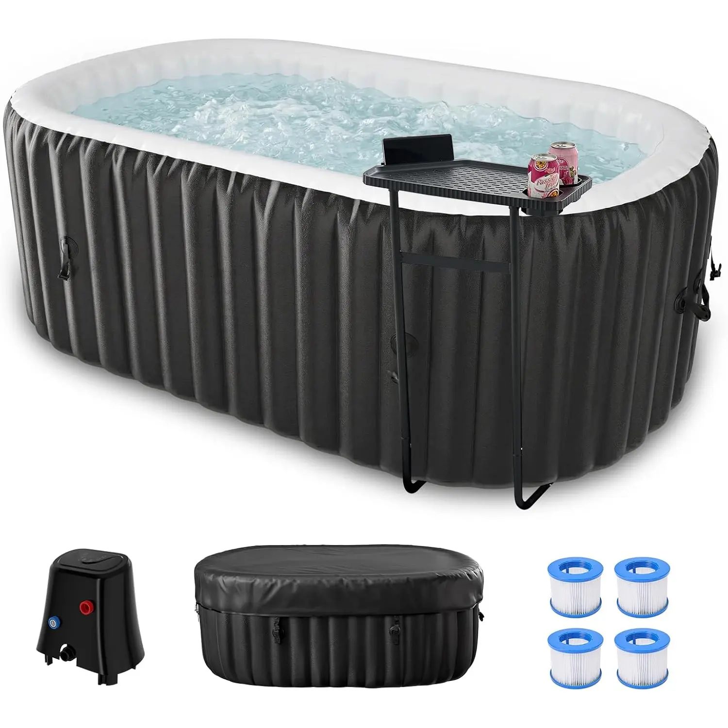 ABORON Inflatable Blow Up Hot Tub for 1-2 People, 75"X47"X25" Oval Heavy-Duty PVC Tub with 100 Bubble Jets, 1350W Double Tube Heat Pump, Water Filtration, Compact Leak-Resistant Design, Insulated Cover & Side Table for Outdoor Use