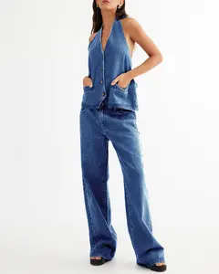 Women's Two Piece Denim Set Button Down Backless Tank Top and Wide Leg Jeans 2 Piece Outfit Suits