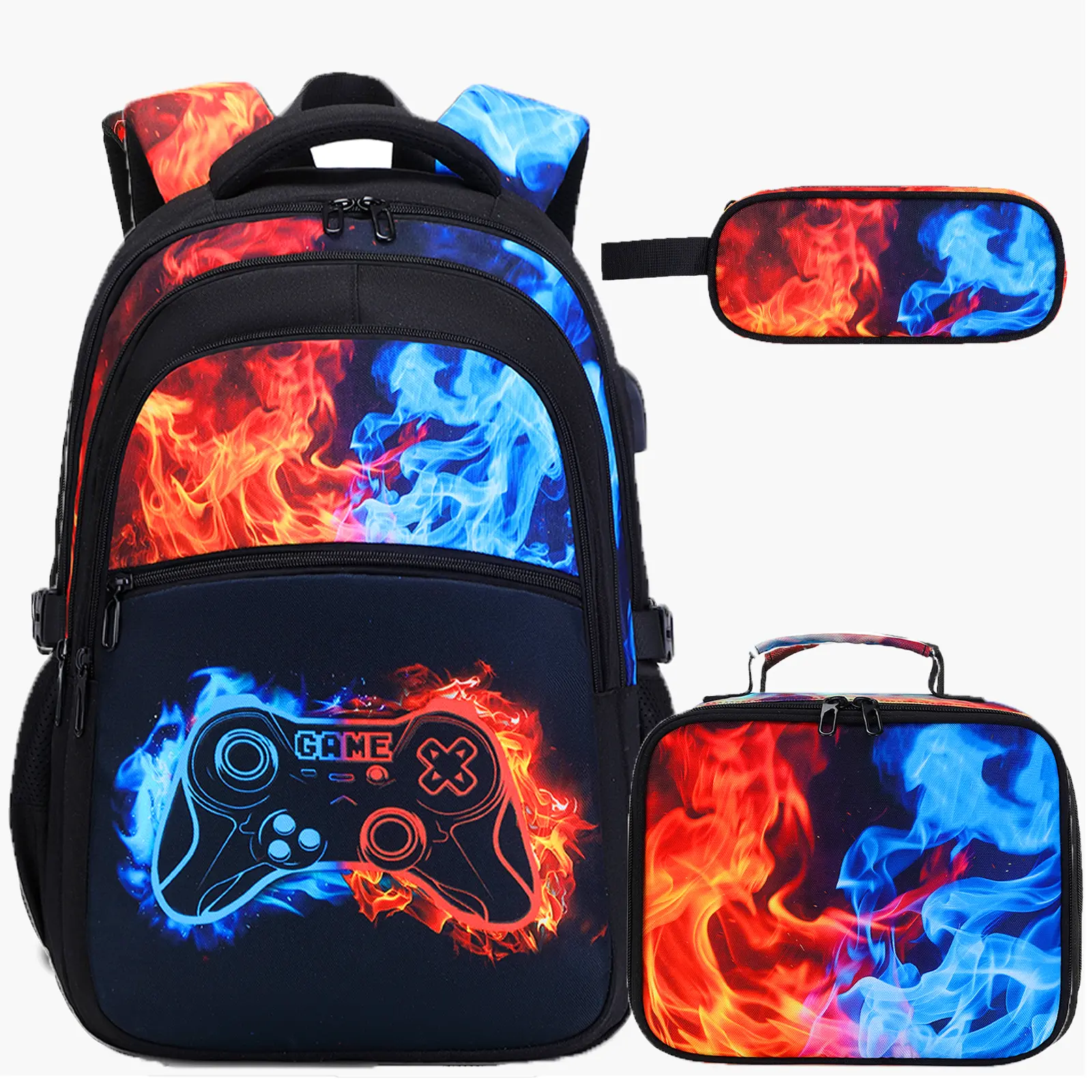 3PCS(Boys Backpack with Lunch Bag & Pencil Pouch)-Orange & Blue Flame