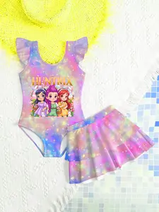 Girls' K-Pop Cartoon One-Piece Swimsuit, Gradient Starry Sky Print, Summer Vacation Beach Casual Two-Piece Set, Swimsuits With Shorts, Slim-Fitting