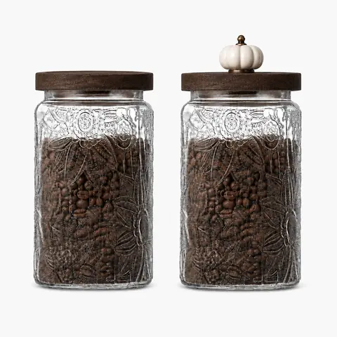 Arthink 33.8oz Aesthetic Embossed Borosilicate Glass Canister Jar with Airtight Wood Lid, Silicone Seal & Wide-Mouth Fill - 1-Pack Transparent Kitchen Container for Pantry Coffee Sugar, Countertop Storage, Thanksgiving Gift