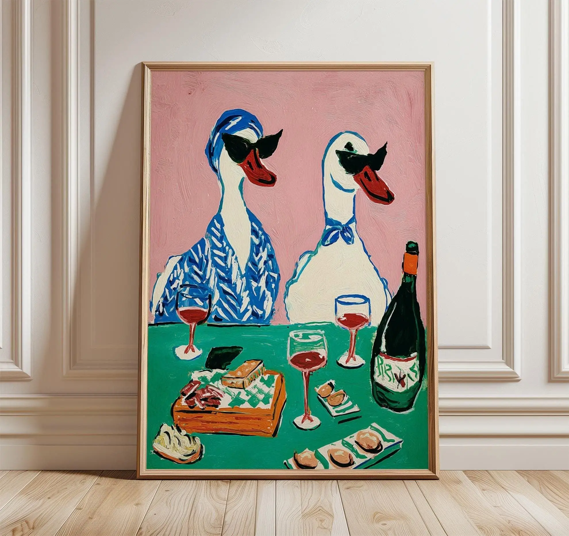 [SALE UP TO 50]Duck Wine Party Art Print, Quirky Animal Poster, Retro Wall Art with Ducks and Wine, Fun Dining Room or Kitchen Decor