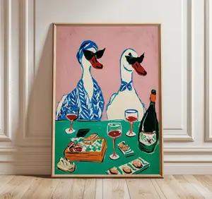 [SALE UP TO 50]Duck Wine Party Art Print, Quirky Animal Poster, Retro Wall Art with Ducks and Wine, Fun Dining Room or Kitchen Decor