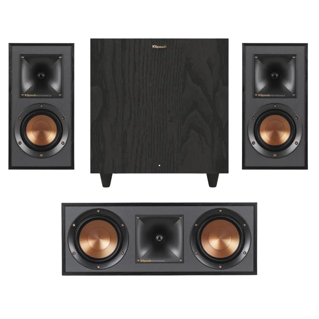 Klipsch 3.1 Compact Surround Sound Combo System Speakers - R-41M Bookshelf Units, R-80SWi Wireless Subwoofer, R-52C Center Channel, 1" Tweeter, 150W Amplifier, Vinyl-Compatible Powerful Audio System