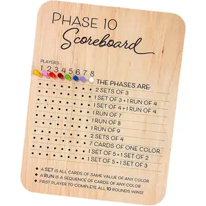 Wooden Phase 10 Scoreboard Set with 8 Colorful Pins, Wooden Board Game, Fun Table Card Games Accessories, Perfect for Party Family Game Night