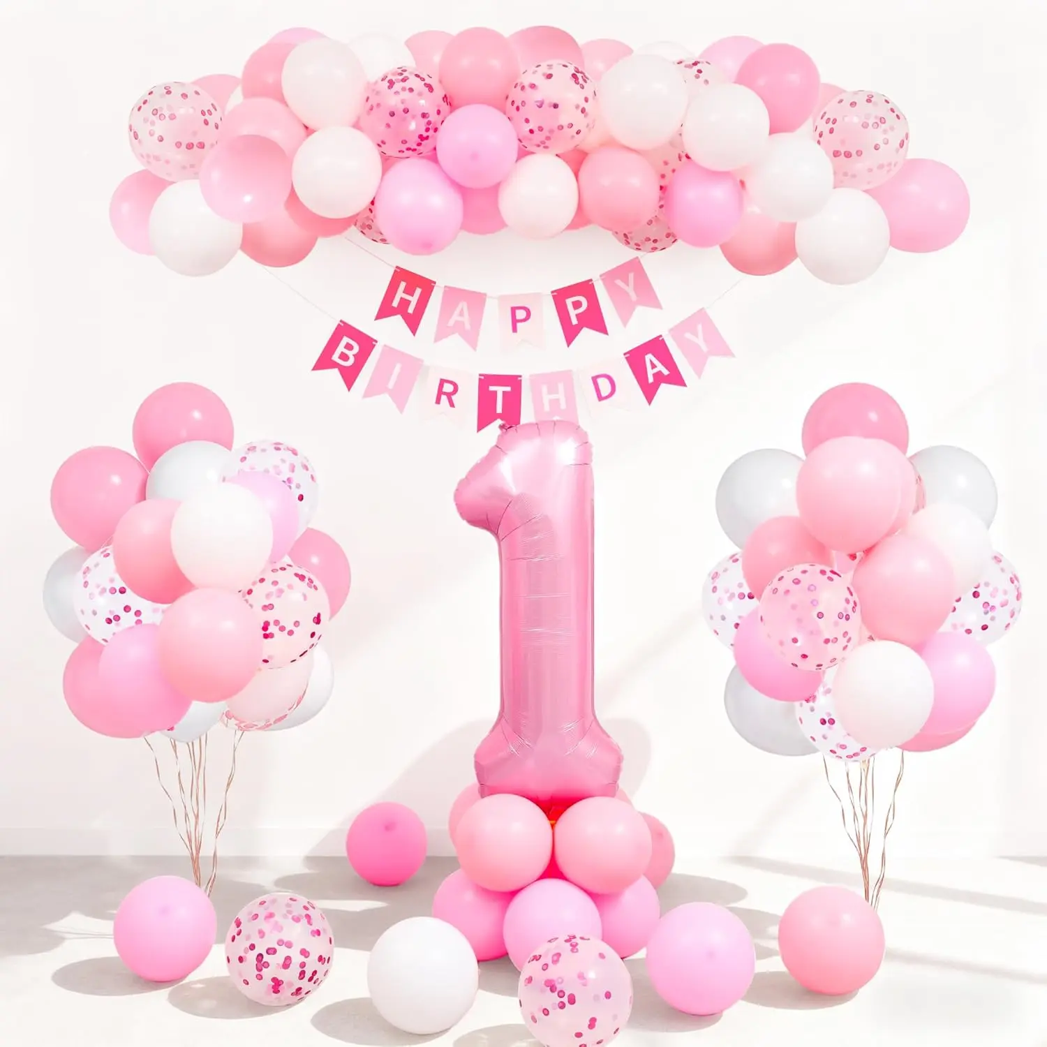 Baby First 1st Birthday Decorations for Girl with 70PCS Pink White Confetti Balloons, 40in Number 1 Balloon and Happy Banner for One Year Old Baby Girl Birthday Party Decorations