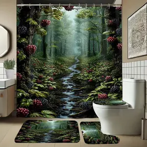 Mountain Path Landscape Shower Curtain Set, Includes Rug and Hooks, Non-Slip Bath Mat, U-Shaped Toilet Lid Cover, Bathroom Decor