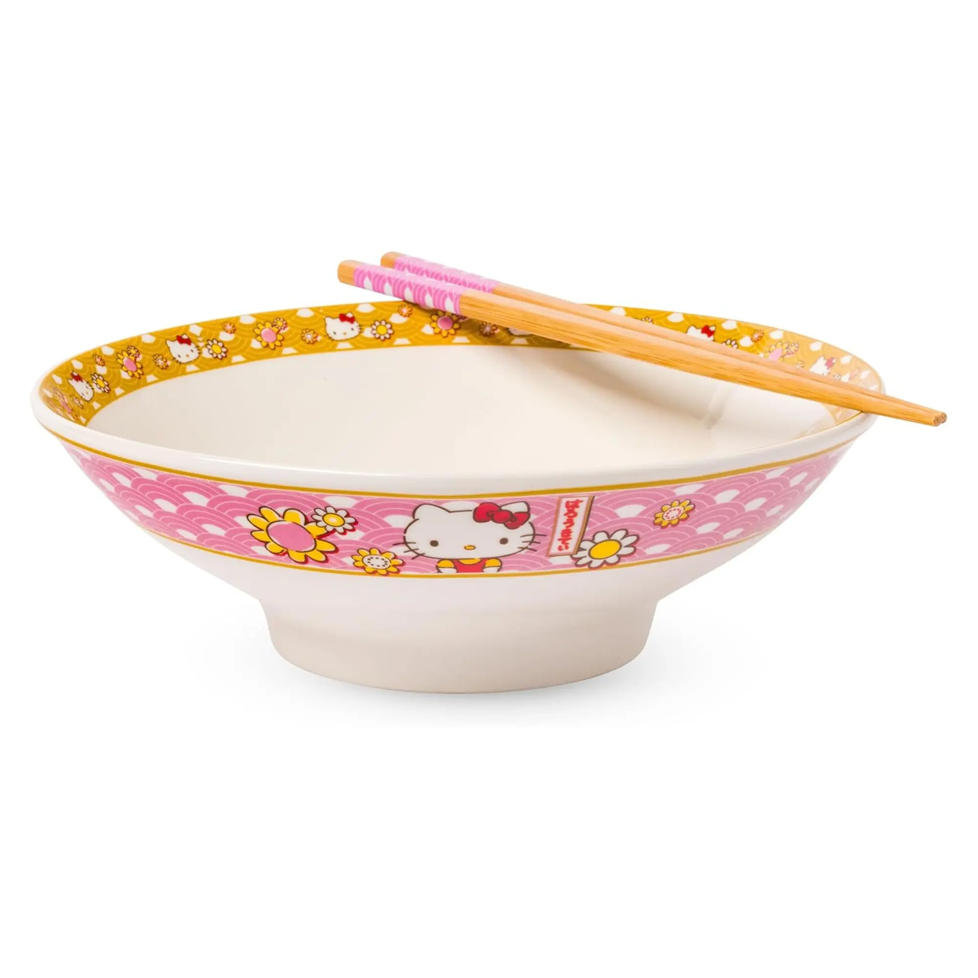 Sanrio Hello Kitty Ceramic Noodle Bowl and Chopstick Cutlery Set - Golden Flowers, Kitchen Tableware for Pasta