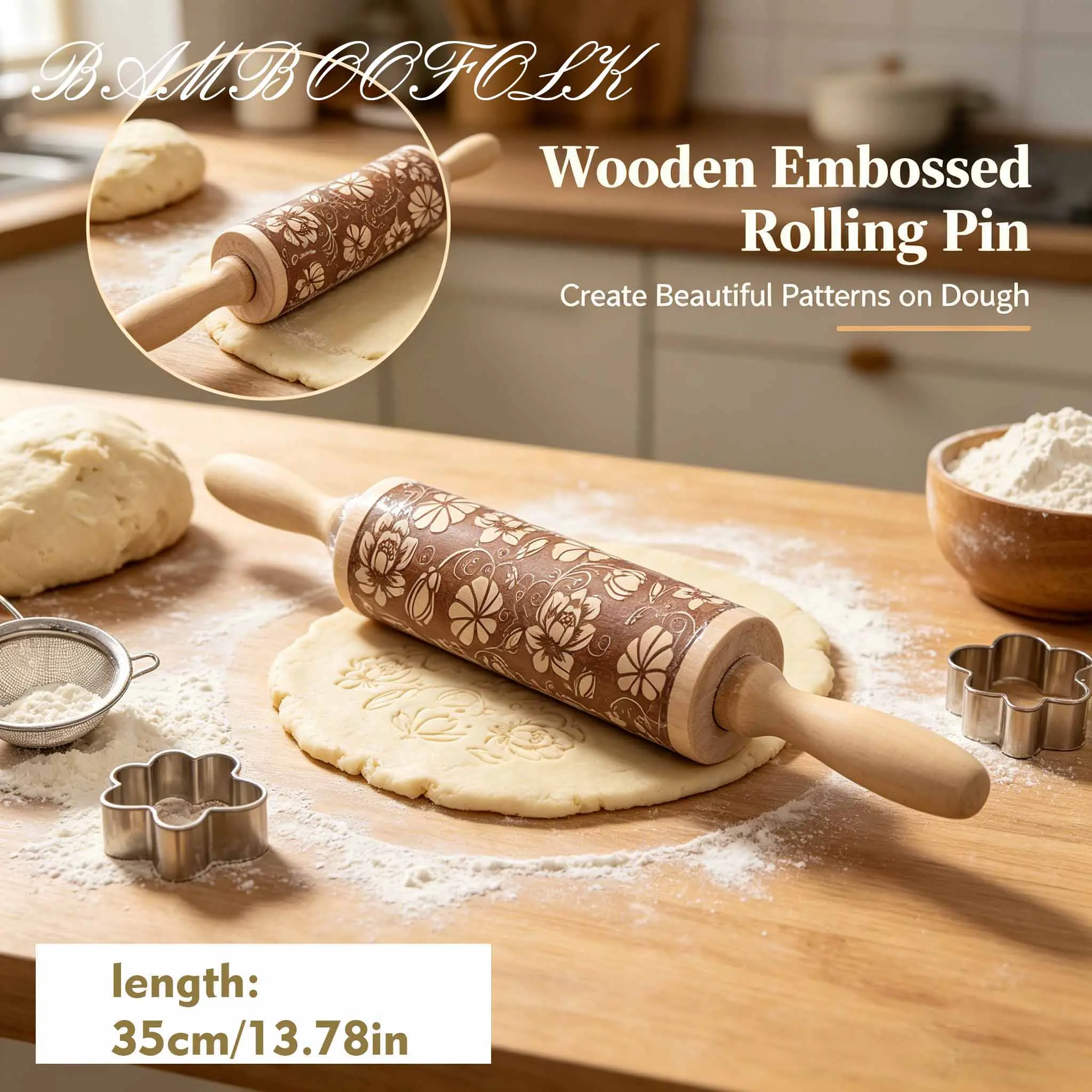 Wooden Rolling Pins for Baking with Lotus Embossed Designs| 3mm Deep Springerle Cookie Molds | Christmas Rolling Pin & Baking Gifts for Women | Includes 3-in-1 Cleaning Brush