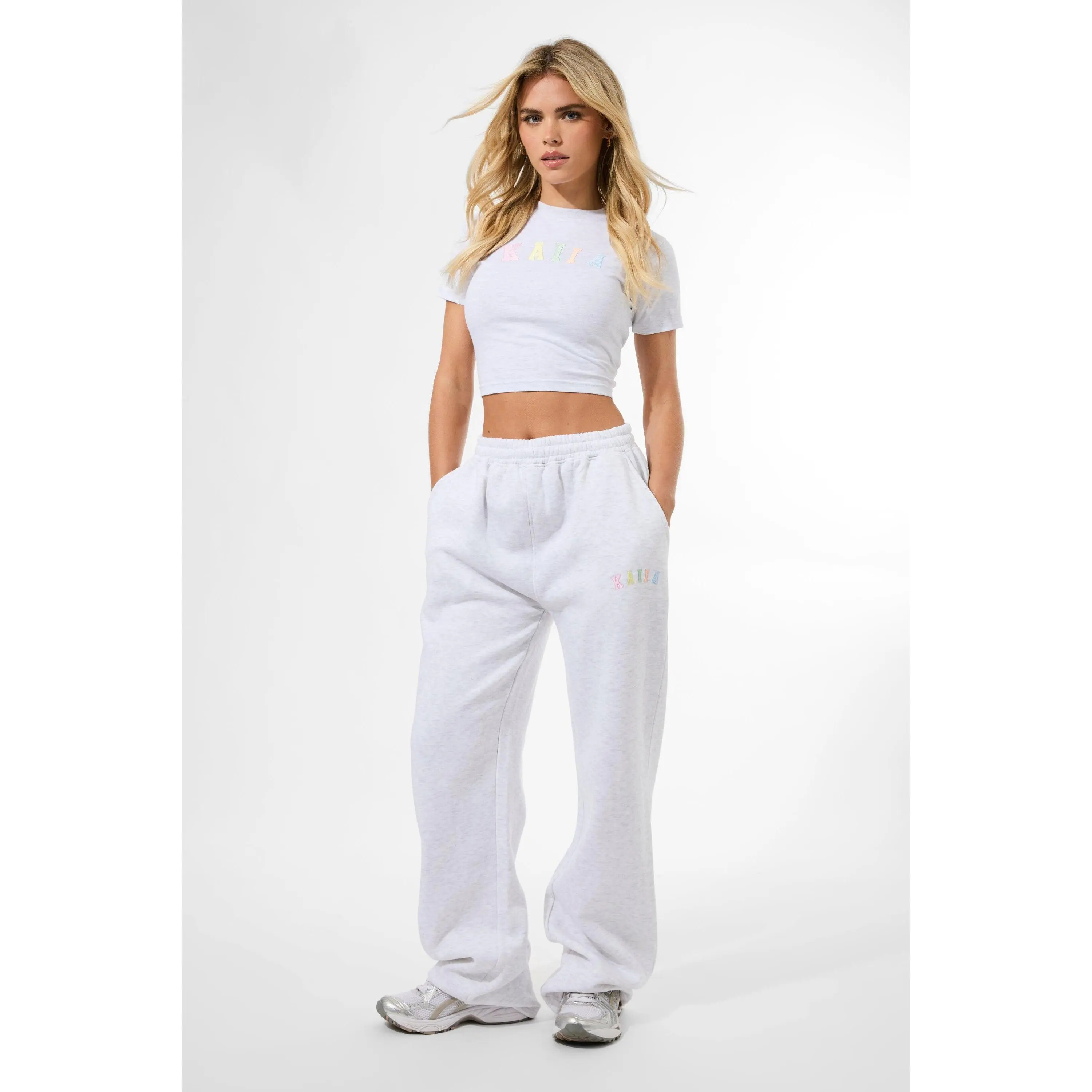 Kaiia Rainbow Logo Wide Leg Joggers Light Grey Marl