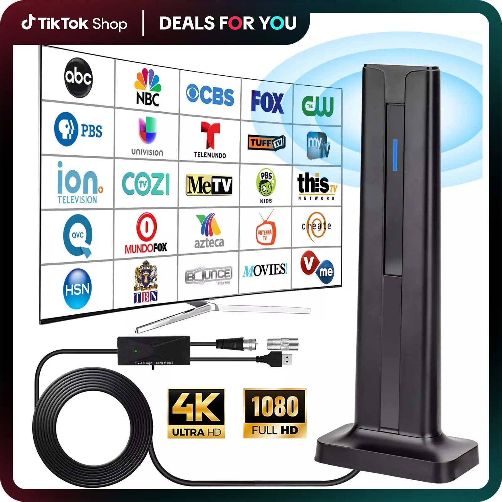 Indoor Digital TV Antenna for Smart TV - Easy Connection, 4K 1080P HD Antenna with 16ft Coaxial Cable for Local Channels, Outdoorfun RV TV Antenna