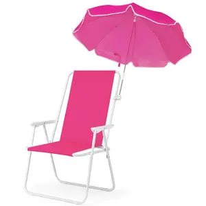 XL Folding Beach Chair with Detachable Umbrella 15" Seat Height Spring Chair in Barbie Pink 265lbs Capacity Lightweight & Portable for Beach Camping