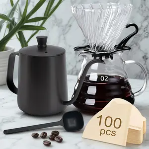 Glass Coffee Server for Drip Coffee Maker Set of 5 - Include 20oz/600ml Stainless Steel Pour Over Coffee Kettle & Borosilicate Glass Coffee Carafe with Lid, Cone Glass Coffee Dripper With Handle, Long Handle Coffee Spoon, 100pcs V02 Filter Paper