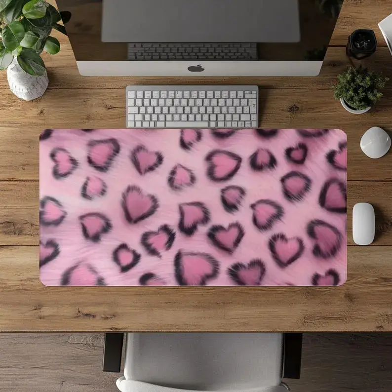 Faux Fur Leopard Desk Mat, Pink Mousepad, Cheetah Room Decor, Animal Print Desk Mat, Leopard Aesthetic, Cute Desk Accessory, Coquette Decor