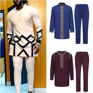 African traditional men’s two-piece wedding outfit set: printed shirt top and elastic-waist pants, white/black ethnic-style costume clothing