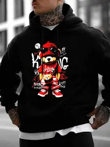 Men's Vintage Poster Cool Bear Drawstring Hoodie, Casual Fitted Long Sleeve Sweatshirt with Pockets, All Seasons Fashion, Hot Trending Hoodies