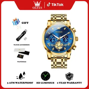 OLEVS Men's Quartz Watch with Luminous Dial Stainless Steel Band 3ATM Waterproof Chronograph Green/Blue/Black Dial Wristwatch 2856