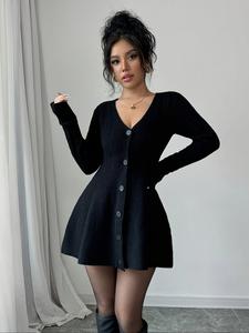 women’s new v neck knitted dress with button details, long sleeve short waist a-line skirt for casual and stylish looks, chic trendy dress