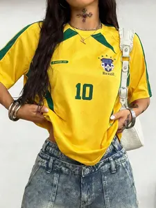 Women's Retro Brazil 10 Soccer Jersey in and, Vintage American Style Soccer Top for Casual Wear, Trendy Sports Apparel, Jersey Shirts
