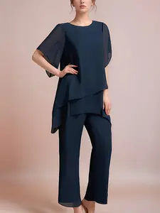 Women'S Chiffon Short Sleeve 2pcs Set Solid Color Irregular Elegant Party Fashion Suit