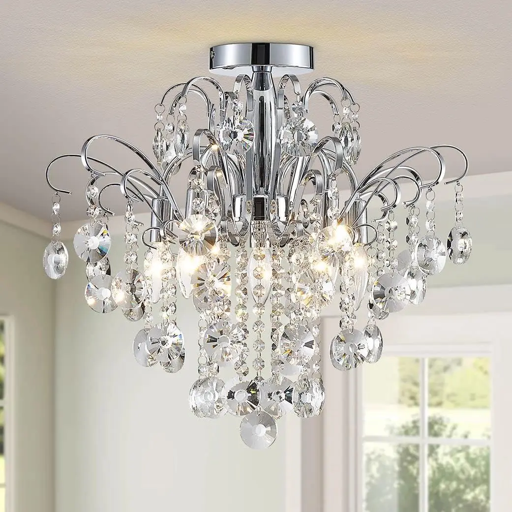 Chandelier Flushmount Ceiling Light Modern Lighting Fixture for Bedroom Hallway Bar Kitchen Bathroom, H 17.5'' x W 19.3'', E12 Base, Chrome
