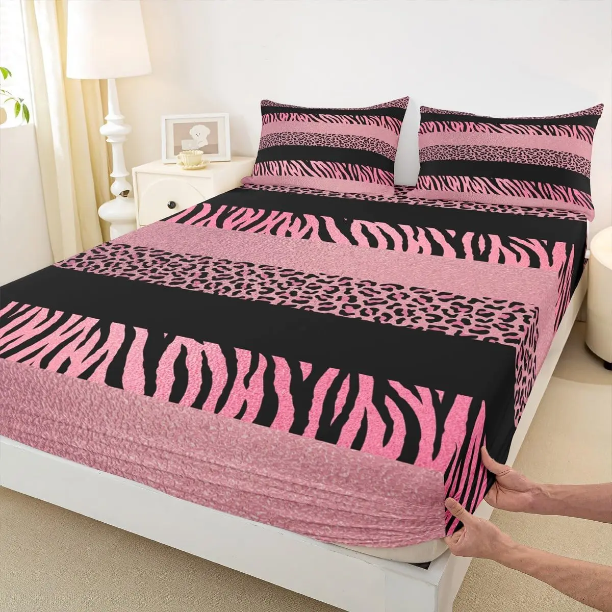 Pink Leopard Print Fitted Sheet,Zebra Skin Texture Bedding Set Adults Room Decor,Abstract Animals Skin Stripes Bed Cover,Fashion Romantic Bed Sheet