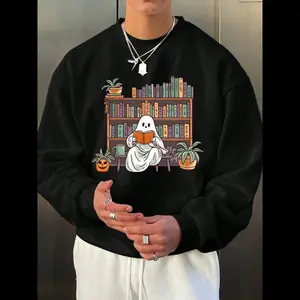 NewUnisex Men's Halloween Cartoon Ghost & Book Print Drop Shoulder Sweatshirt, Loose Casual Long Sleeve Round Neck Pullover for Fall & Winter, Men's Clothes for Daily Wear
