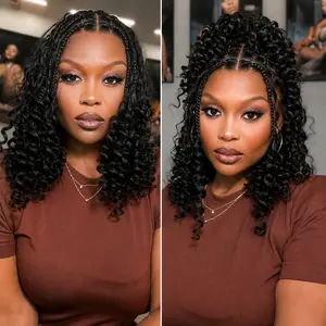Boho Braids Loose Wave 250% Density Glueless 13x6 Frontal Pre-Cut Lace Short Curly Human Hair Braided Wig With Drawstring Wear and Go Wig Natural Black