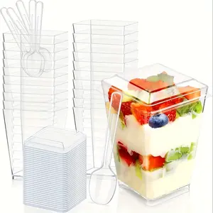 50 Pack Square Clear Dessert Cups with Lids and Spoons, 5 oz Disposable Parfait Cups, Food Grade Plastic Pudding Mousse Cups, Mini Appetizer Cups for Party Catering Home Baking Restaurant