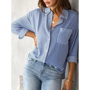 [Soft Striped Shirt] Soft Women's Casual Loose-Fit Striped Shirt |     Blue & White Horizontal Stripes, H-Silhouette Tummy Control, Short Sleeve Button-Up Blouse for Spring/Summer |     Machine Washable, Summer Fashion