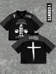 Men's American Style Short Sleeve T-Shirt, Jesus Weightlifting Print, Breathable Mesh Ball Jersey, Streetwear & Gym Wear, Trendy Look