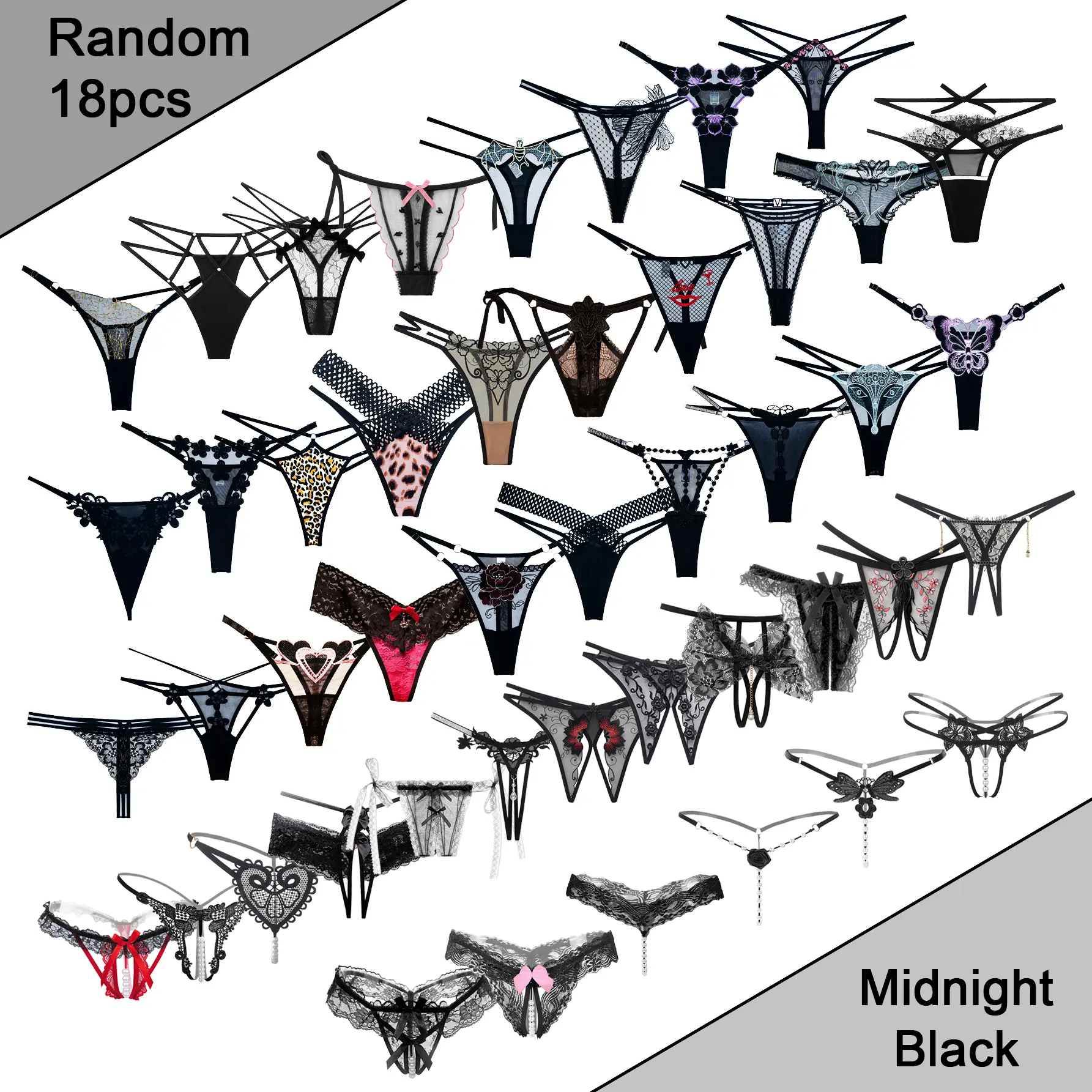 Women's Lace Thongs Pack of 18 Random Styles Thong & No crotch & Beaded Gusset Midnight Black Embroidered High Quality Adjustable Waistband Breathable Soft Material Elegant Sexy Cut
