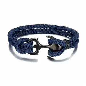 Jewelry Fan Premium Nylon Rope Bracelet with Black Stainless Steel Anchor Accent 8 Inches Navy Blue Fashion Accessory