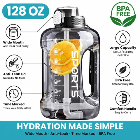 1-Gallon (128 oz, 3.8 L) Motivational Time-Marked Reusable Water Bottle with Straw - BPA-Free, Leak-Proof, Portable, Lightweight, Detachable for Gym, Camping, Cycling, Office Hydration Challenge,Great Gift for Gym Friends