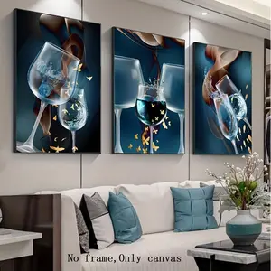 Modern Abstract Blue Wine Glass Wall Art Canvas Set, Unframed, Waterproof, Home Decor for Dining Room, Living Room, Bedroom, Kitchen, Office, Modern Abstract Design, Artistic, Decoration, Unframed Painting