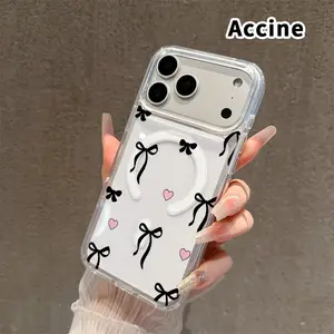 Magnetic Case for iPhone 16 Pro Max Plus 15 14 13 12 11 E Bows and Hearts  Printed Acrylic Hard Back Soft Silicone Edge Water-resistant Smartphone Cover