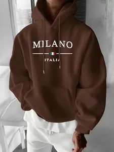 Men's Casual Sporty Hoodie Sweatshirt, Milan Italy Print, Regular Fit, Slight Stretch, Drawstring, Kangaroo Pocket, Fall & Winter New Arrival, Casual Hooded Sweatshirt