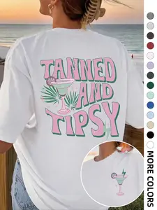 Women's Cocktail & Letter Graphic Drop Shoulder Tee, Casual Comfy Tee, Casual Short Sleeve Round Neck T-shirt for Summer, Ladies Clothes for Daily Wear