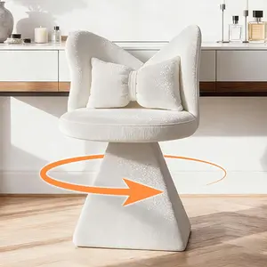 Vanity Chair with Butterfly Back & Pillow, Chenille Makeup Chairs No Wheels, 360° Swivel Armless Bow Vanity Chair & Desk Chairs with Stable Base for Dressing Table, Bedroom, White