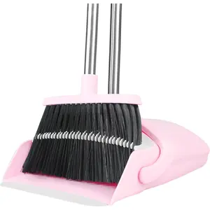 Pink Broom and Dustpan Set, 52-inch Handle Broom Dustpan Combo with Dustpan Teeth to Clean Hair, Household Hand Broom for Home Kitchen Office Lobby Sweeping Indoor