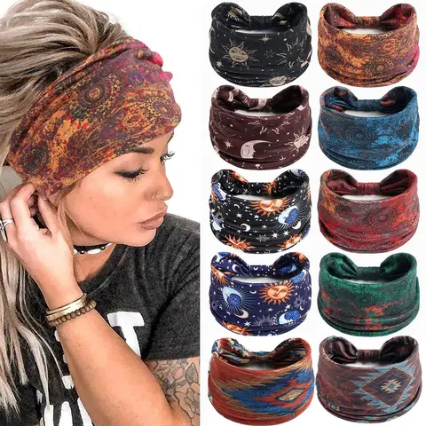 Bohemian Star Moon Print Wide Headband, Fashion Non-Slip Tie Sweat Sports Headband, Sweat Absorbing Headband, Yoga Running Daily Wear Hair Band, Stylish Accessory, Fashion Headbands