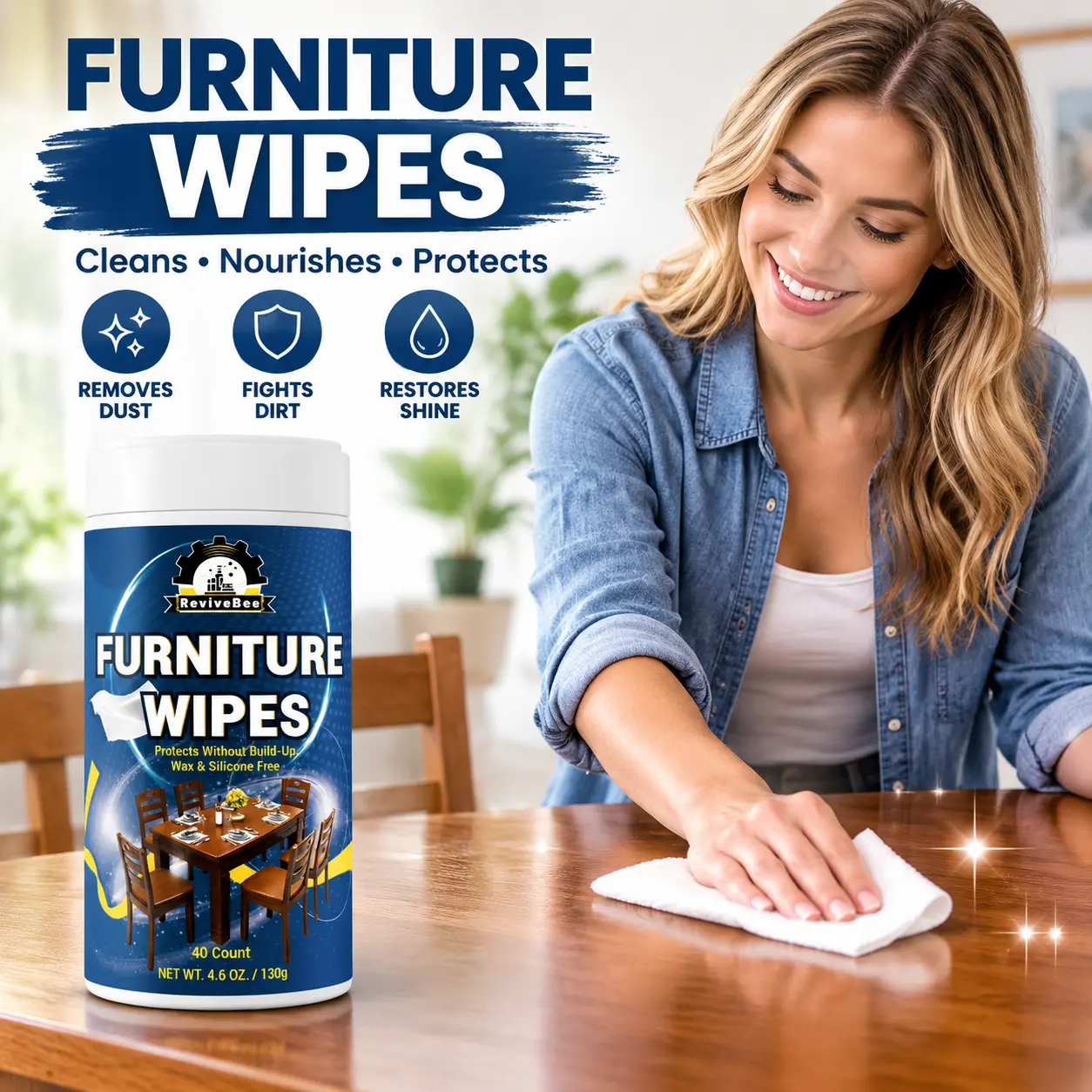 Furniture Cleaning Wipes, 4.6oz 40 Wipes, Gentle Non-Irritating Formula, Removes Dust & Grime, Eliminates Everyday Stains, Non-Streak, Protects Furniture Finish, for Daily Household Maintenance