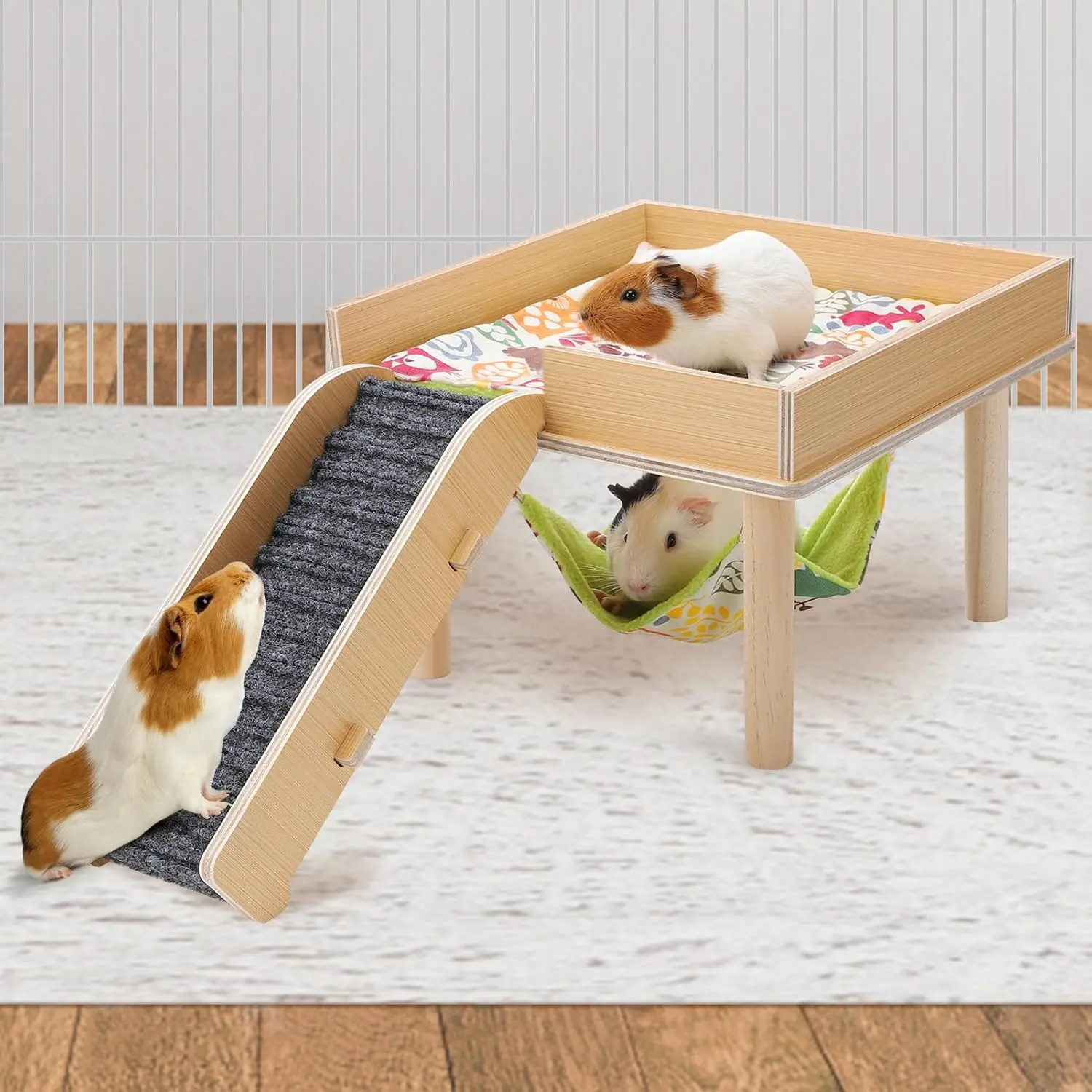 Single Hammock with Wooden Platform & Stairs, Durable Safe Small Pet Hideout Bed for Guinea Pigs, Chinchilla, Rats, Hamster, Bunny
